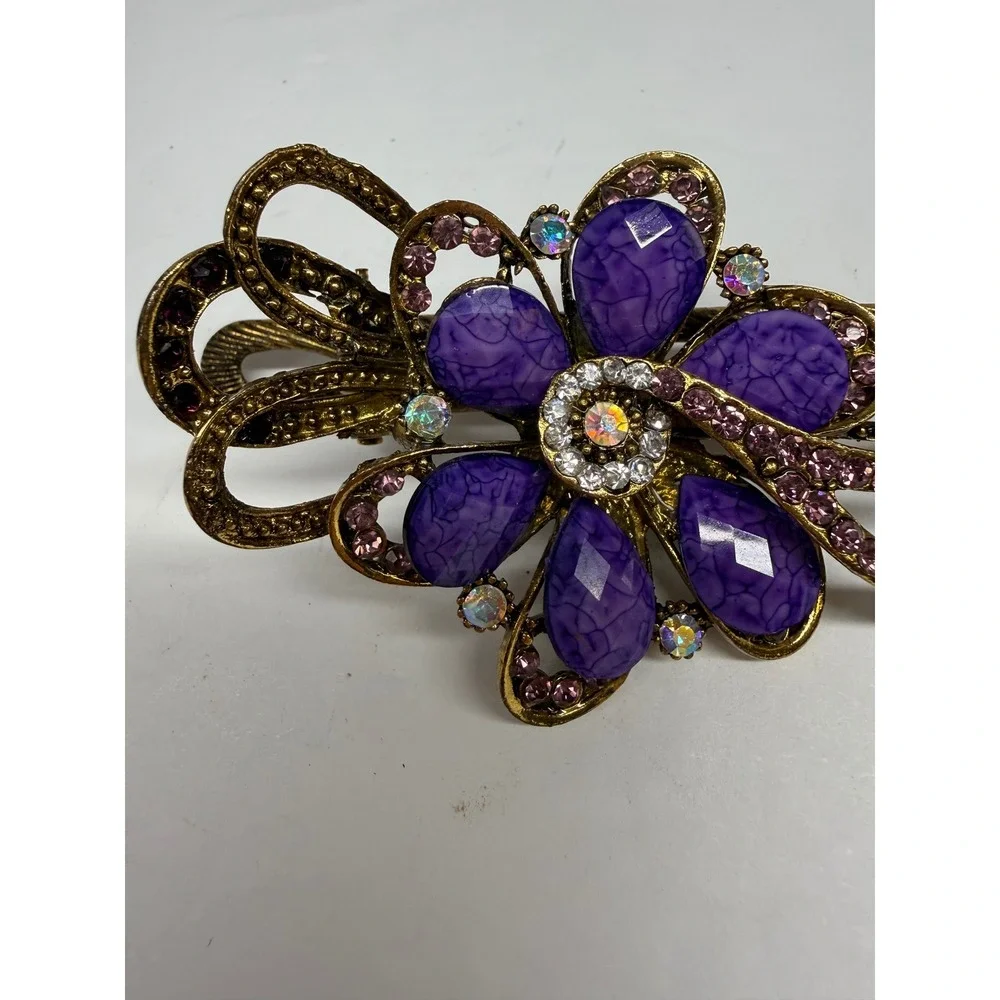 Vintage Style Purple Floral Hair Clip Gold Tone Rhinestone Crystal Barrette